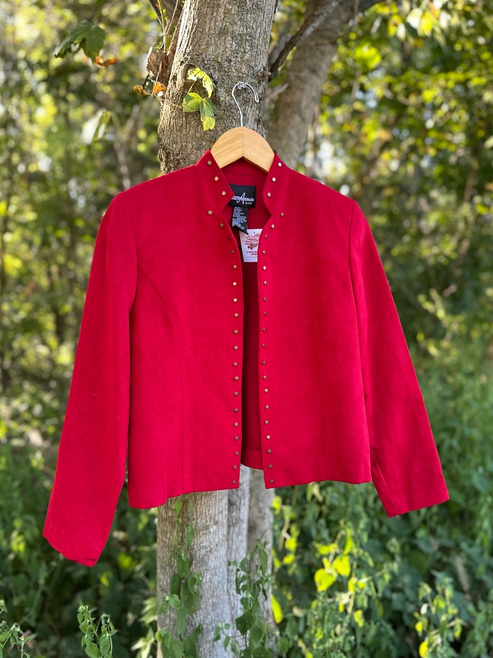 Vintage 90s Positive Attitude Open Front Red Stud-Trim Jacket Size 6 petite